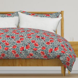 Florals Bedding - Sleep And Dreams Poppies Red by micklyn - Block Print Blossom Botanical Leaves Cotton Sateen Duvet Cover OR Pillow Shams