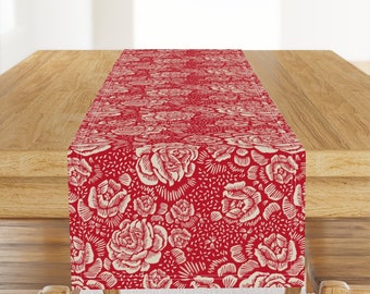 Rose Table Runner - Festive Floral Flowers Red Christmas Cream Vintage Cotton Sateen Table Runner - Holiday Rose Red by cinneworthington