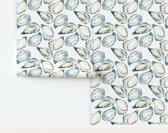 Coastal Watercolor Non-Pasted Wallpaper Oyster Shells Large Scale Ocean Life - Oyster White by goodfairyart Wallpaper by Spoonflower