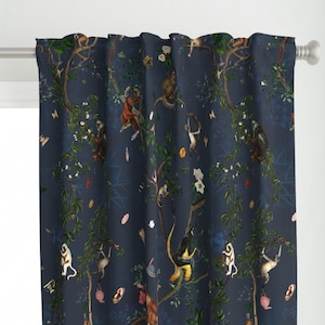 Botanical Curtain Panel - Monkey Chinoiserie by fifikoussout - Chinoiserie Navy Cottagecore Large Scale Custom Curtain Panel by Spoonflower