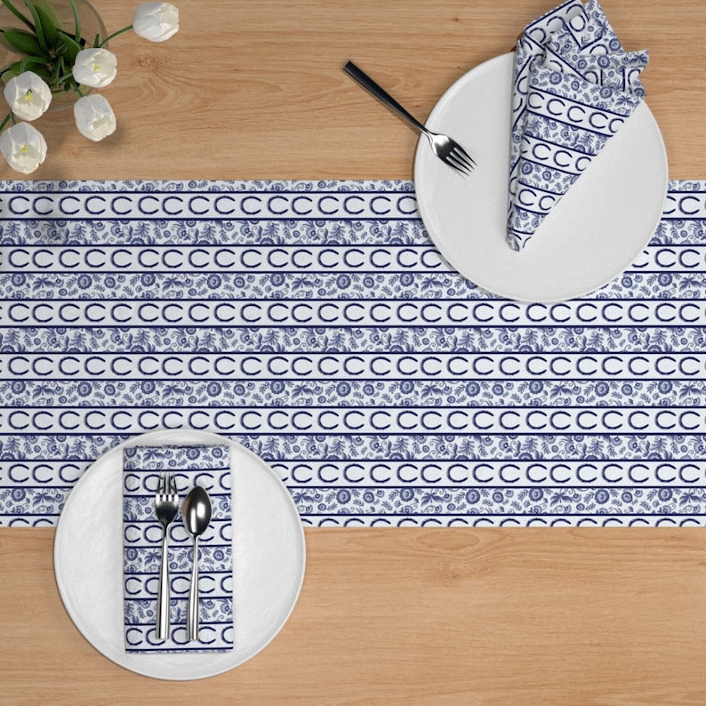 Equestrian Delft Horse Decor Pony Horsehsoe Cotton Sateen Table Runner by Spoonflower Horseshoe Table Runner Delft Stripes by ragan