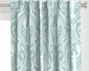 Nautical Damask Curtain Panel - Tonal Mint Green Blue Ocean Seaweed Lobster Custom Curtain Panel - Lobster And Seaweed by hannahshields -