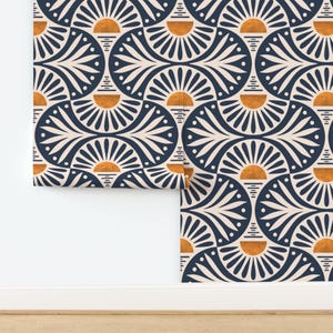 Sonnenuntergang und Blätter nicht geklebte Tapete - Art Deco von de_koro - Jakobsmuscheln Geometrische Gelb Sonnenaufgang Sonnenuntergang Tapete Doppelrolle von Spoonflower