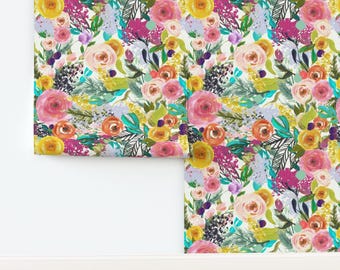 Watercolor Floral Non-Pasted Wallpaper Botanical Spring Nursery Roses - Autumn Blooms Giant Bright  by theartwerks Wallpaper by Spoonflower