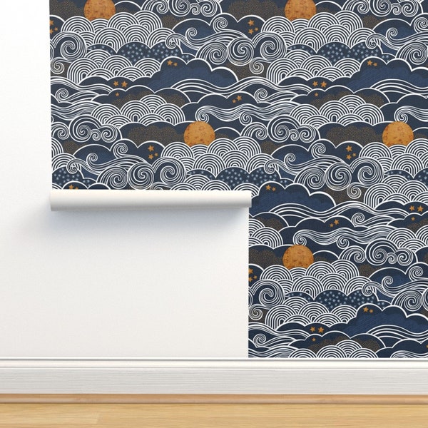 Night Sky Commercial Grade Wallpaper - Cozy Night by patricia_lima - Clouds Gold Stars Sky Blue Mustard Wallpaper Double Roll by Spoonflower