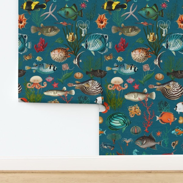 Vintage Maximalist Non-Pasted Wallpaper Ocean Sea Shoal Of Fish - Ocean In Teal Blue by delinda_graphic_studio Wallpaper by Spoonflower