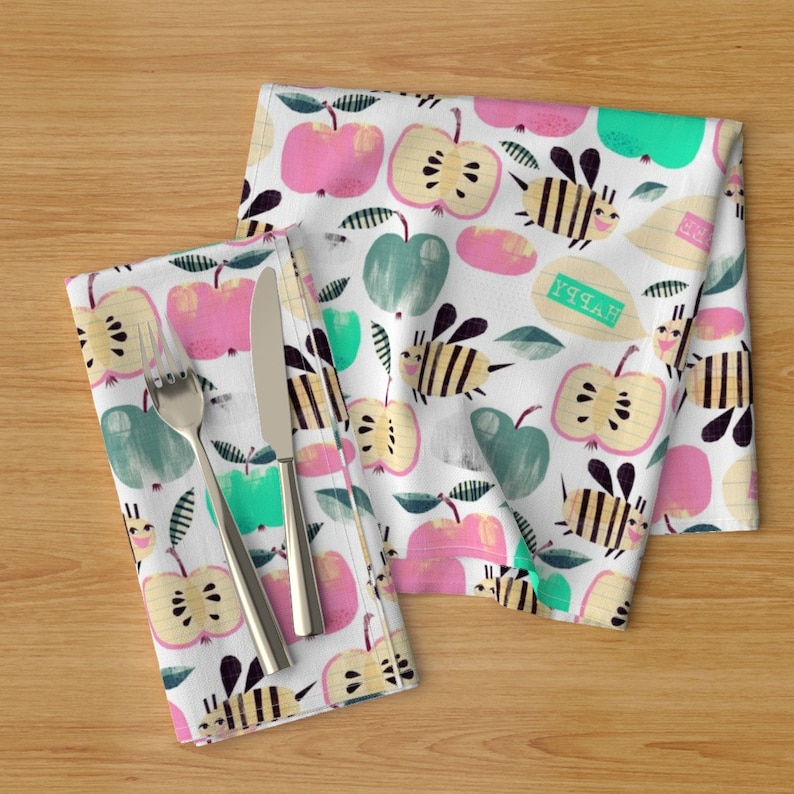 Watercolor Fruits Happy Apples Cloth Napkins by Spoonflower Set of 2 Pastel Bees Dinner Napkins - Bee Happy by wideeyedtree