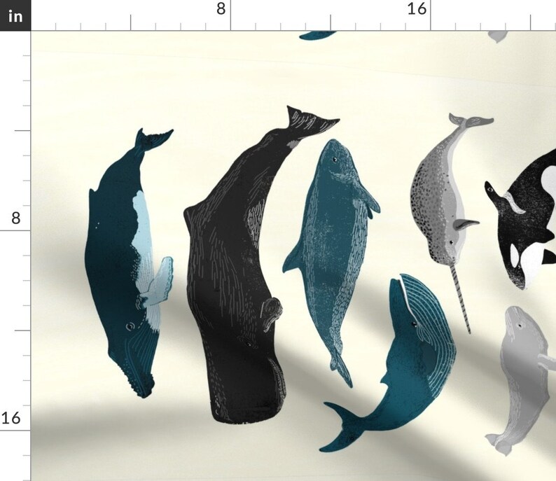 Whales by andrea/_lauren Whale Tea Towel Narwhal Orca Nautical Ocean Animal Illustration Linen Cotton Canvas Tea Towel by Spoonflower