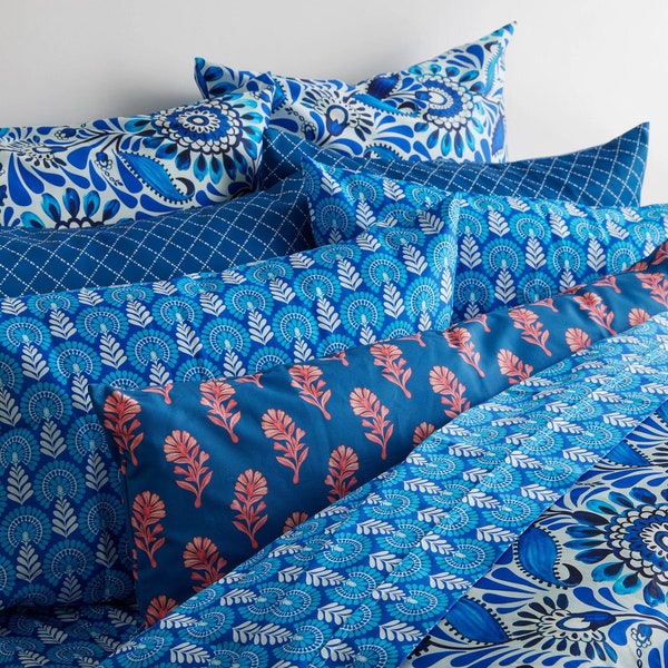 Maximalist Blue Cotton Bedding Collection - Indigo Boho Vibrant Sapphire Blue Floral Printed Duvet Cover, Sheet Set, and Pillow Shams