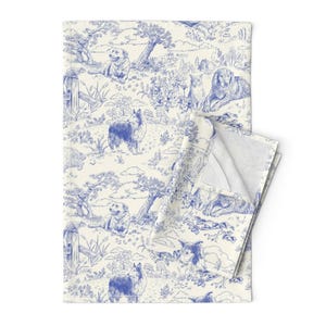 Blue Toile Tea Towels Set of 2 - Country Style Hand Drawn Landscape Traditional Collie Toil Linen Cotton - - Country Dogs Toile by vinpauld