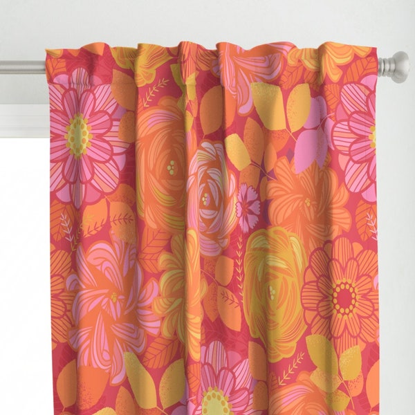 Zinnia Curtain Panel - Late Summer Garden Glow by artifactsoflife - Large Scale Floral Maximalist Pink Custom Curtain Panel by Spoonflower