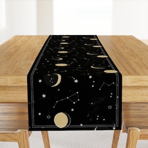 May include: Black table runner with a gold moon and star pattern. The runner features a repeating pattern of crescent moons and stars on a black background.