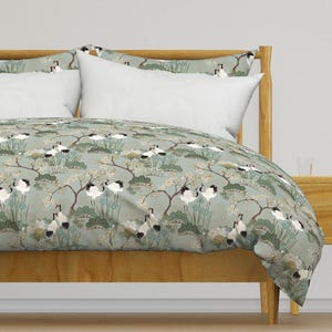 Japanese Cranes Bedding - Japanese Garden Sage  by juditgueth - Chinoiserie Cotton Sateen Duvet Cover OR Pillow Shams by Spoonflower