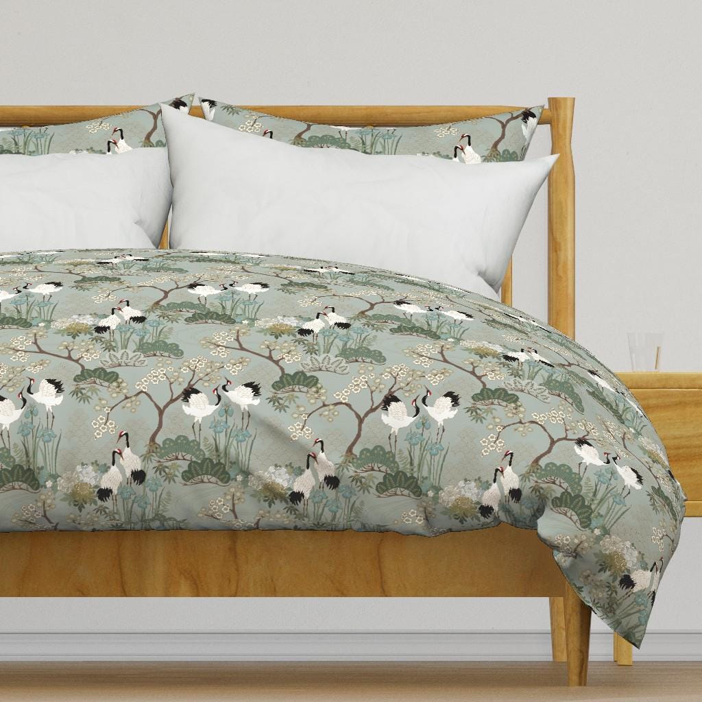 Japanese Cranes Bedding - Japanese Garden Sage by juditgueth - Chinoiserie Cotton Sateen Duvet Cover OR Pillow Shams by Spoonflower