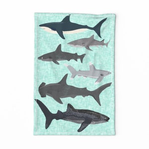 Shark Tea Towel - Sharks On Blue by andrea_lauren - Nautical Animal Ocean Sea Life Hammerhead  Linen Cotton Canvas Tea Towel by Spoonflower
