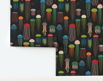 Colorful Jellyfish Non-Pasted Wallpaper Sea Creatures - Just Jellies On Black by katerhees Wallpaper Double Roll by Spoonflower