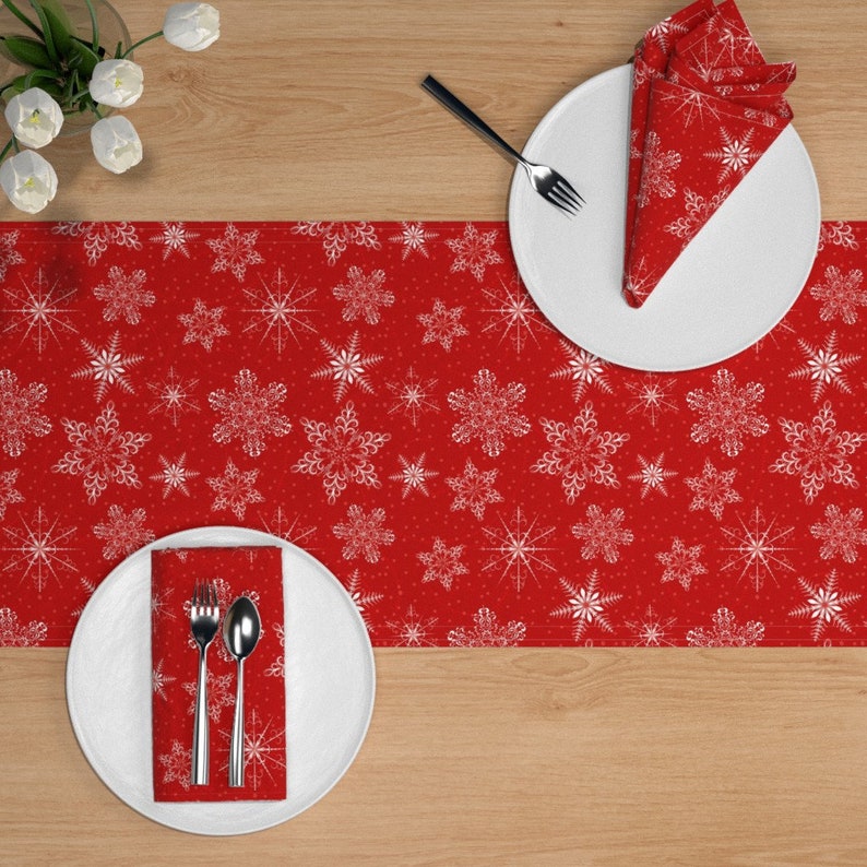Large Snowflakes by diane555 Christmas Table Runner Snowflakes Winter Snowy Holiday Red White Cotton Sateen Table Runner by Spoonflower