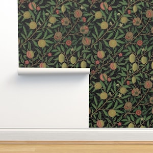 Arts And Crafts Non-Pasted Wallpaper - Fruit On Black  by peacoquettedesigns - Pomegranate Historical Wallpaper Double Roll by Spoonflower