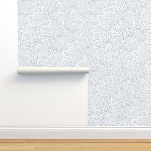 Coastal Blue Gray Non-Pasted Wallpaper - Coral Reef by kittenlane - Coral Reef Fan Coral Warm Ivory Wallpaper Double Roll by Spoonflower