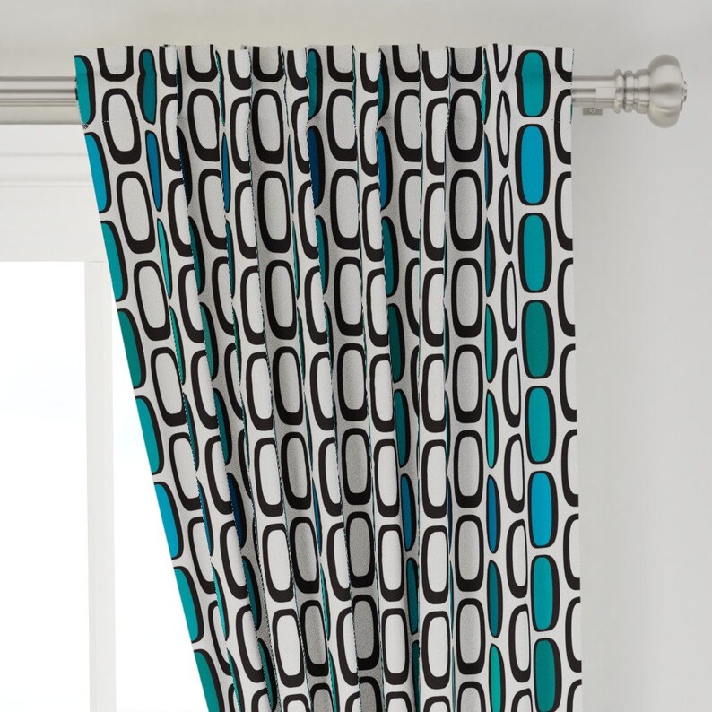 Geometric Custom Curtain Panel by Spoonflower Atomic Ovals Blue by speakeasyworks Mid Century Modern Curtain Panel