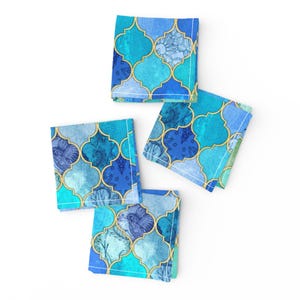Quatrefoil Cocktail Napkins (Set of 4) - Cobalt Blue And Aqua Decorative  by micklyn - Moroccan Watercolor Ogee Cloth Napkins by Spoonflower