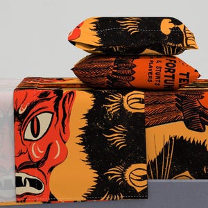 Orange Sheets - Vintage Halloween Prints by heidikenney -  Vintage Halloween  Owl Cat Spooky Cotton Sateen Sheet Set Bedding by Spoonflower
