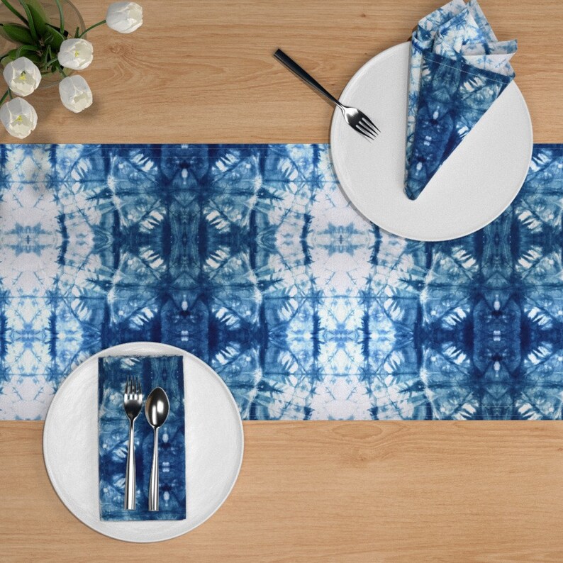 Tribal Flaire by alison/_janssen Indigo Table Runner Tribal Boho Bohemian Modern Tie Dye Blue Cotton Sateen Table Runner by Spoonflower