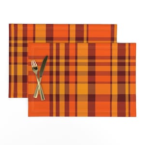 Fall Plaid Placemats (Set of 2) - Warm Sunset by thewellingtonboot - Orange Tartan Autumn Harvest Halloween Cloth Placemats by Spoonflower