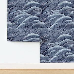 Indigo Waves Non-Pasted Wallpaper Modern Japanese Abstract Art Deco Navy Blue - Rolling Navy Wave by bicoinu Wallpaper by Spoonflower