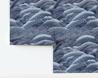 Indigo Waves Non-Pasted Wallpaper Modern Japanese Abstract Art Deco Navy Blue - Rolling Navy Wave by bicoinu Wallpaper by Spoonflower