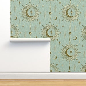 Sun And Moon Non-Pasted Wallpaper - Celestial Talismans by studioxtine - Stars Retro Sun Fifties Solar Wallpaper Double Roll by Spoonflower