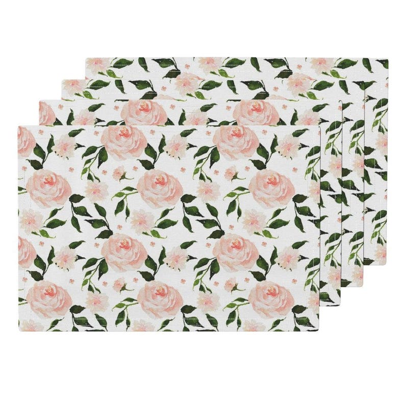 Set of 4 Pink Roses Cloth Placemats Floral Lamona Cloth Placemats by Roostery with Spoonflower English Pink Garden by ShopCabin