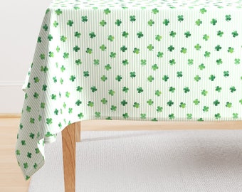 St. Patrick's Day Tablecloth - Shamrocks by littlearrowdesign - Clover Shamrock. Green White Stripes Cotton Sateen Tablecloth by Spoonflower