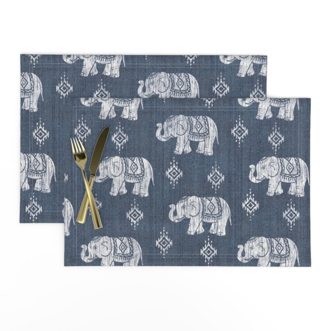Elephant Placemats set of 2 Sharavathi Elephants Indigo by Byre_wilde
