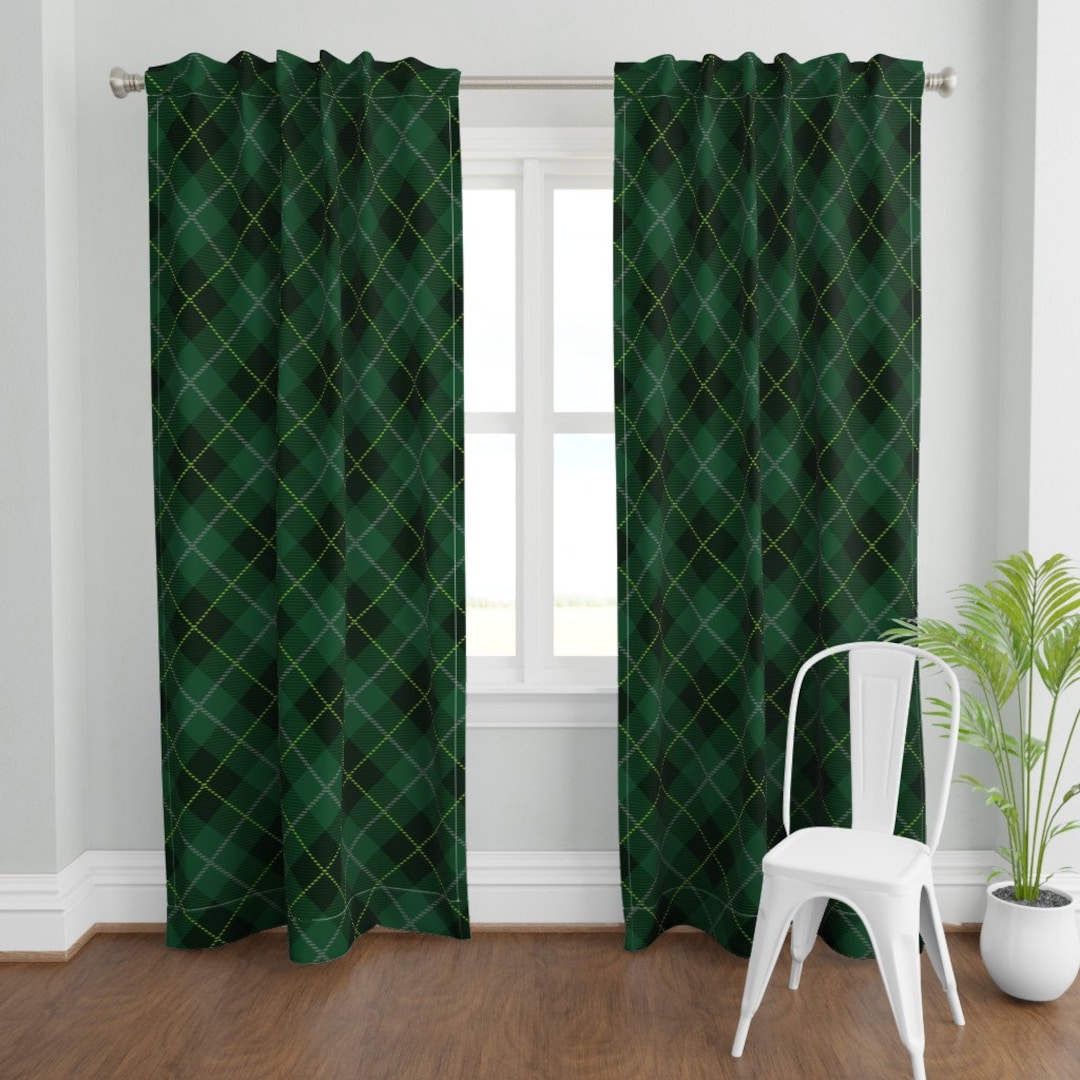 Green Plaid Curtain Panel Dark Green Christmas Tartan by Etsy