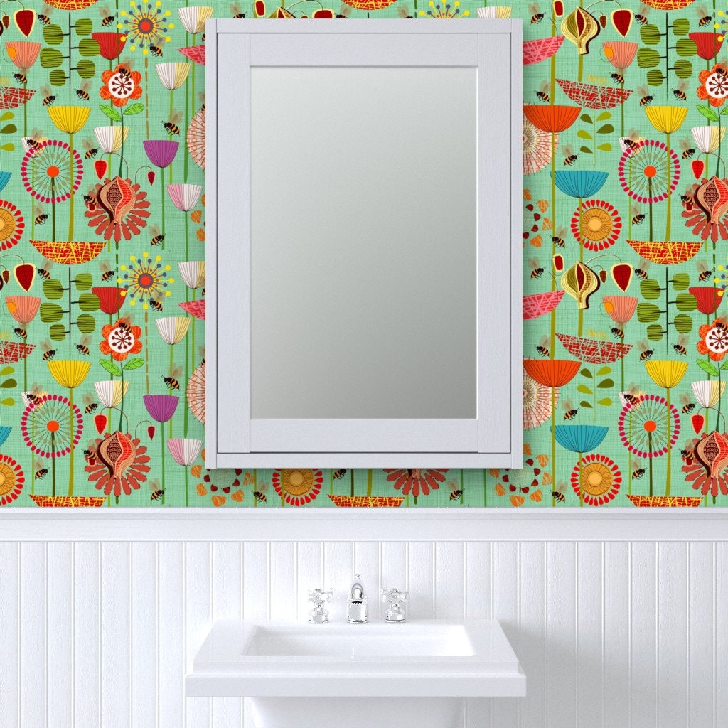 Mod Floral Wallpaper Where the Bees Fly by Chicca_besso - Etsy