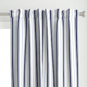 French Ticking Curtain Panel - Blue Stripe by etienne - Modern Beach Home Nautical Navy Blue White Custom Curtain Panel by Spoonflower
