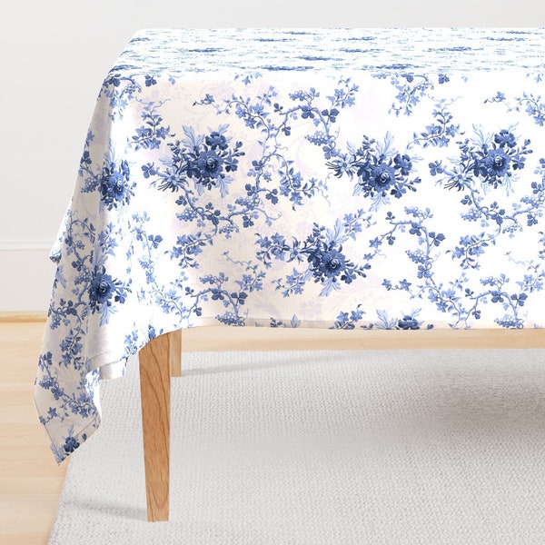 Chinoiserie Tablecloth - Eloise Ink 1 by lilyoake - Vintage Floral Summer Spring Blue Nature  Cotton Sateen Tablecloth by Spoonflower