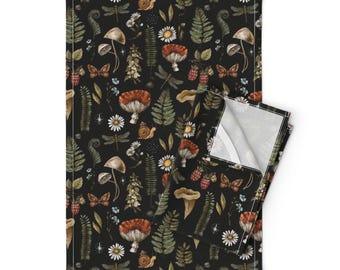 Woodland Tea Towels Set of 2 - Fern Moth Dragonfly Mushroom Wildflowers Fly Agaric Amanita Linen Cotton - Mushrooms On Black by depiano