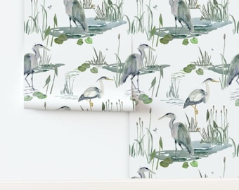 Watercolor Non-Pasted Wallpaper Marsh Pond Heron Birds - Blue Herons Large by hand_and_hart_designs Wallpaper Double Roll by Spoonflower