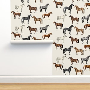 Equestrian Non-Pasted Wallpaper - Vintage Horses by thistleandfox - Stallion Horse Lovers Horse Farm Wallpaper Double Roll by Spoonflower