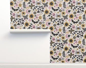 Halloween Skull Non-Pasted Wallpaper Spiders Pink Gold Black - Cottagecore Halloween by eliveradesigns Wallpaper Double Roll by Spoonflower