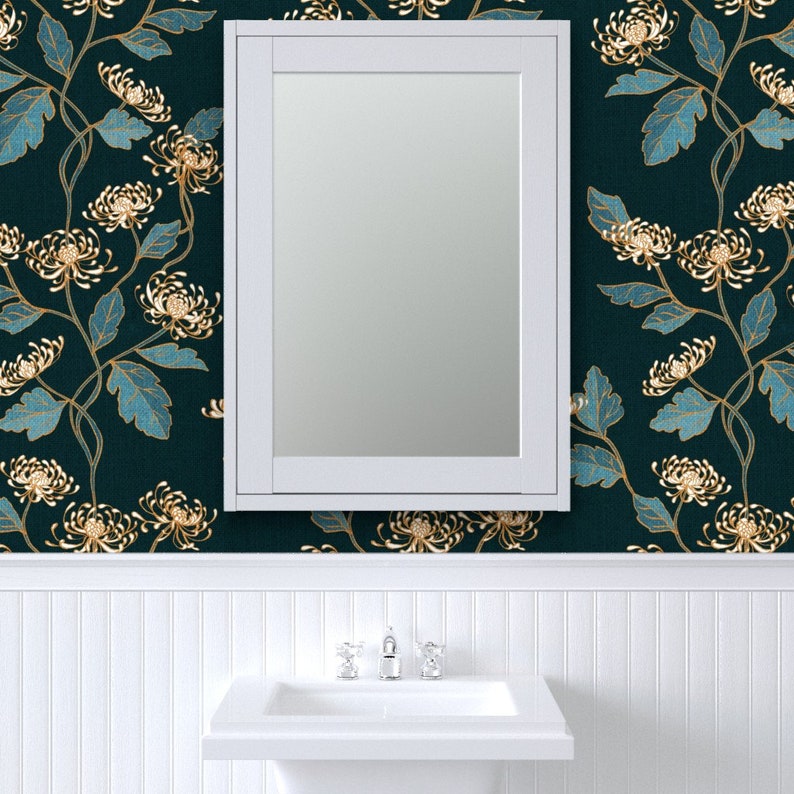 Teal Art Nouveau Wallpaper Chrysanthemum Nouveau by Etsy