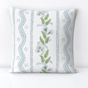 Regency Floral Throw Pillow - Folk Art  Light Blue Leaves Decorative Square Throw Pillow - Soft Blue And Greens by danika_herrick