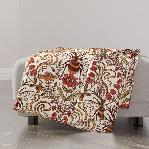 Whimsical Bee Deco Throw Blanket Art Noveau Surreal Floral Eyes