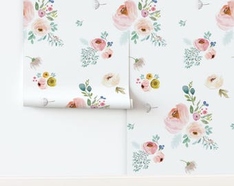 Spring Floral Non-Pasted Wallpaper Watercolor Roses Botanical Girl Nursery Boho  - 9" April In Love  by shopcabin Wallpaper by Spoonflower