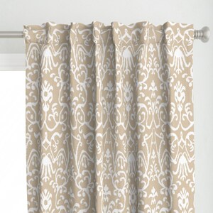 Neutrals Curtain Panel - Floral Tan Damask Khaki Ikat Custom Curtain Panel - Lucette Ikat Floral In Natural by willowlanetextiles -