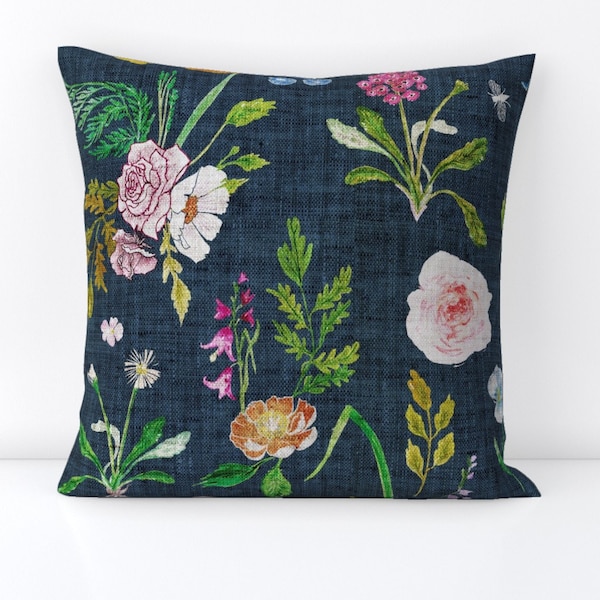 Floral Throw Pillow - Jane Navy by nouveau_bohemian - Summer  Daisy Navy Blue Flowers Rose Decorative Square Throw Pillow by Spoonflower