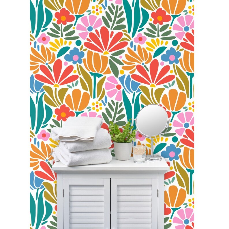 Psychedelic Floral Non-Pasted Wallpaper Retro 1960s Pink Botanical - Maximalism Folk by jenflorentine Wallpaper Double Roll by Spoonflower image 8