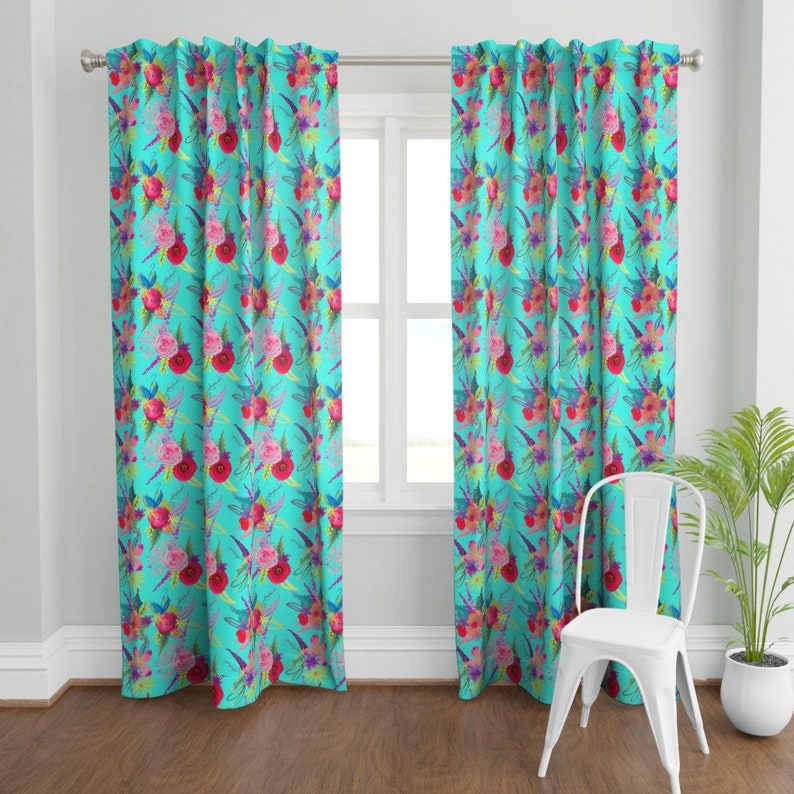 Floral Curtain Panel Summer in Turks Turquoise by Etsy